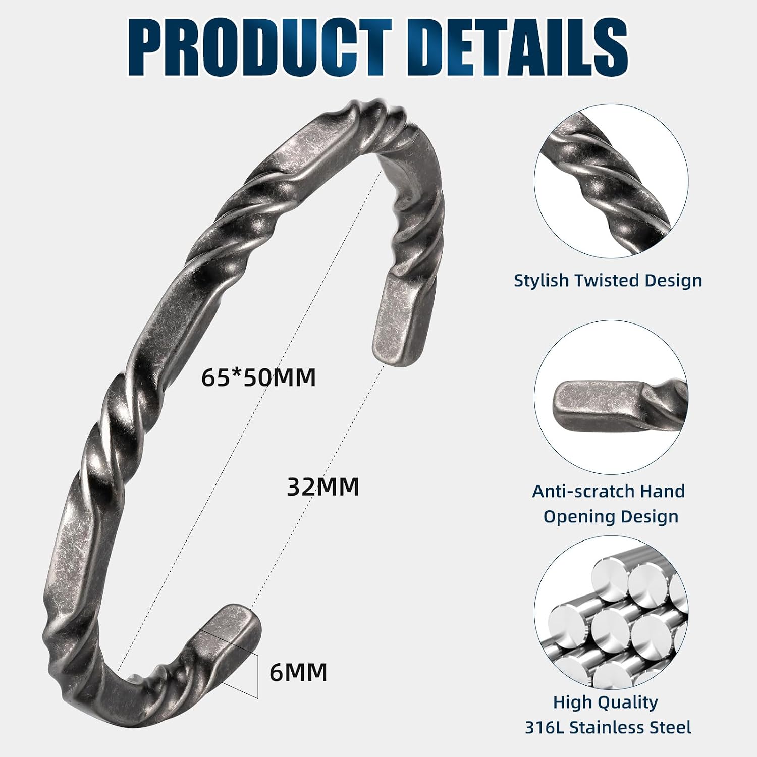 Hisatan Stainless Steel Mens Cuff Bracelet, Minimal Twist Cool Antique Retro/Silver/Black Open Metal Cuff Bangle Bracelets for Men, 65/70mm