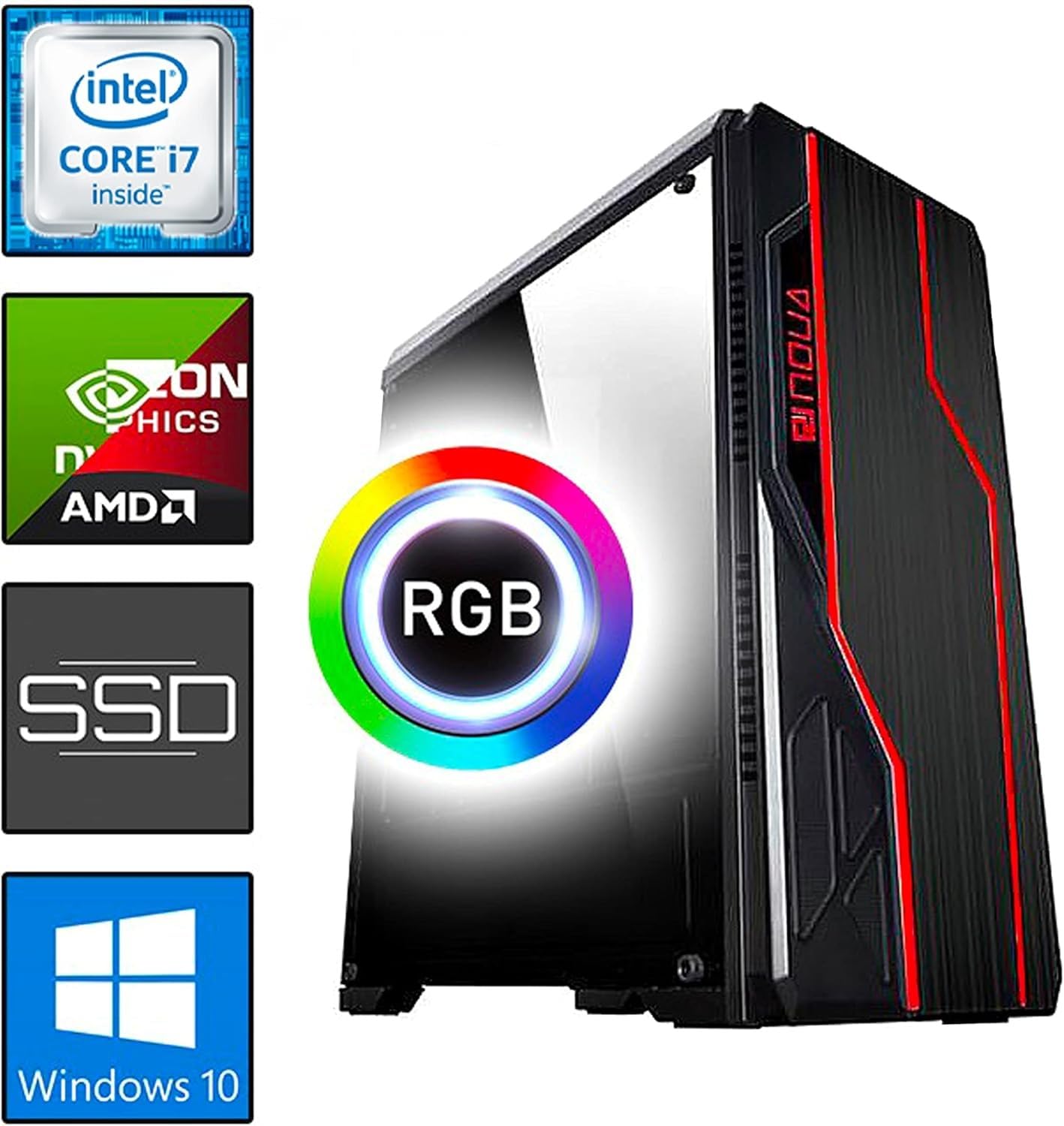 SIMPLETEK Komputer stacjonarny do gier komputerowych, INTEL Core I7 3770 QUAD Core do 3,9 GHz, chłodzony cieczą, RGB FPS (dysk twardy 3 TB, SSD 240 GB, RAM 16 GB) (czerwony)