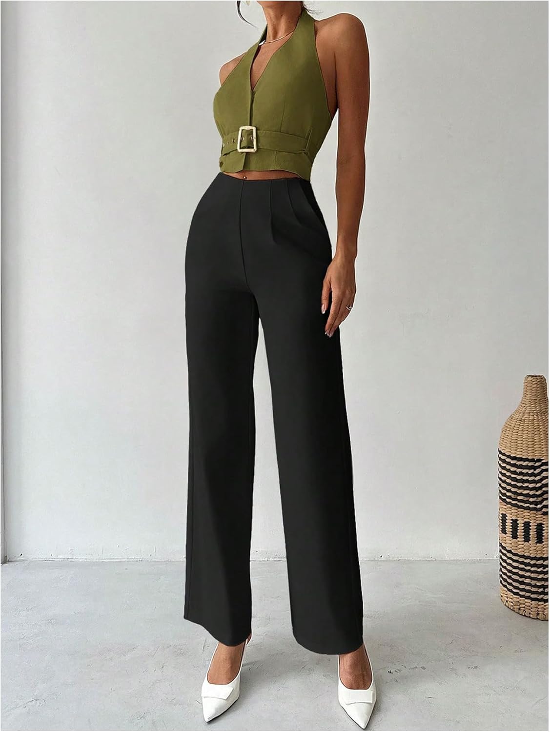 Floerns Women's Backless Halter Crop Vest Button Up Belted Dressy Going Out Suit Vest Top - Image 5