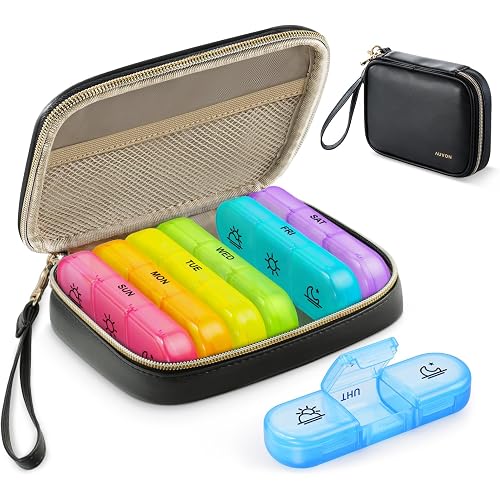 AUVON Weekly Pill Organizer 3 Times a Day with A PU Leather Bag, BPA-Free