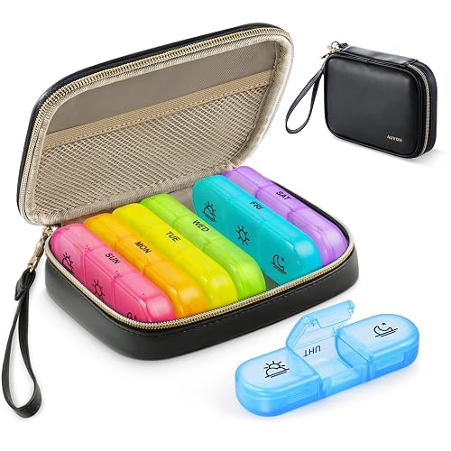 AUVON Weekly Pill Organizer 3 Times a Day with A PU Leather Bag, BPA-Free | Large Pill Box 7 Day, Protabel Travel Pill Case, Daily Pill Box 3 Times a Day for Vitamins, Fish Oils, Supplements