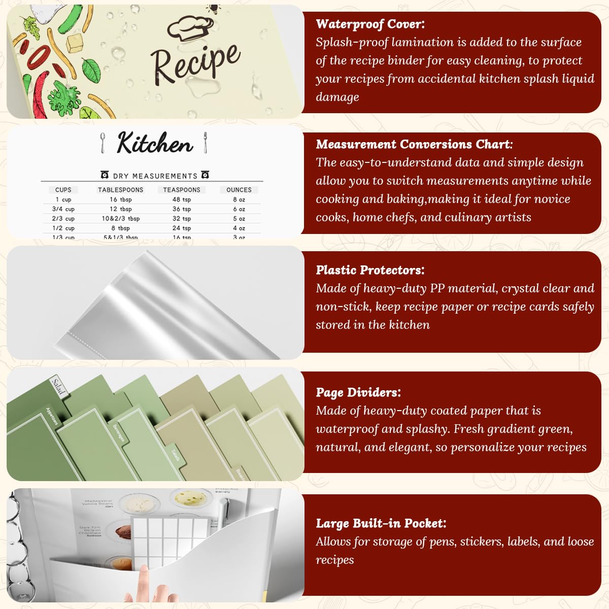 Raccoglitore per ricette 8,5 x 11 con set di supporto per libri di cucina, raccoglitore per ricette vuoto con maniche in plastica, raccoglitore a 3 anelli con schede di ricette da 10 x 15 cm, kit