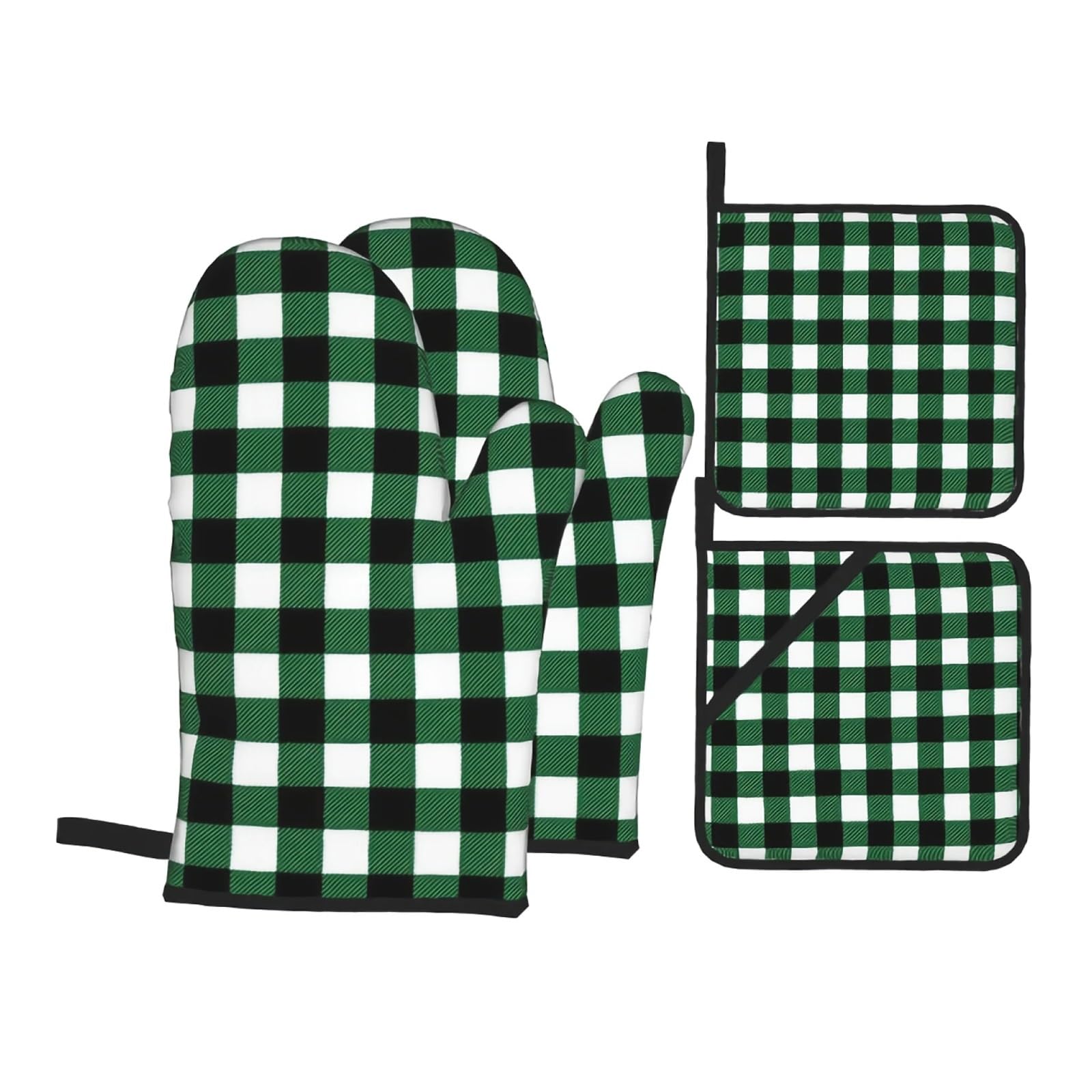 Oven Gloves Oven Mitts And Pot Holders Set Green Plaid Kitchen Mittens With Potholders Surface For Baking Cooking BBQ