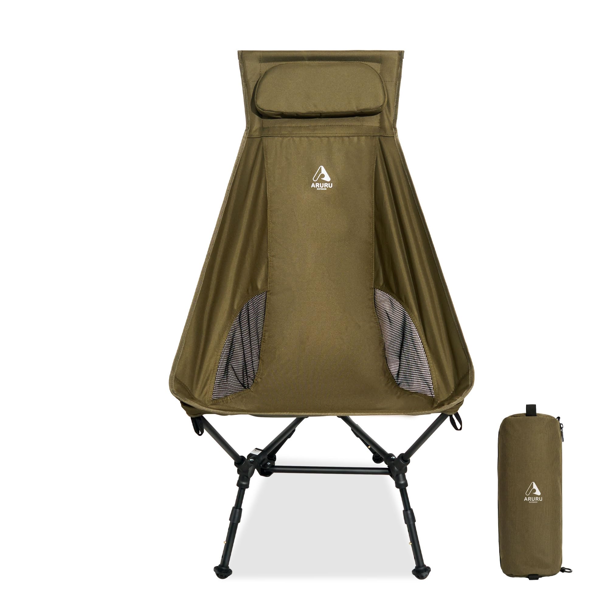 ARURU High Back Camping Chair with Headrest, Lightweight Portable Folding Backpacking Chair, 150kg Capacity, 3 Adjustable Height (38–43cm), Ultralight Compact Travel Chair for Hiking, Beach,Festivals