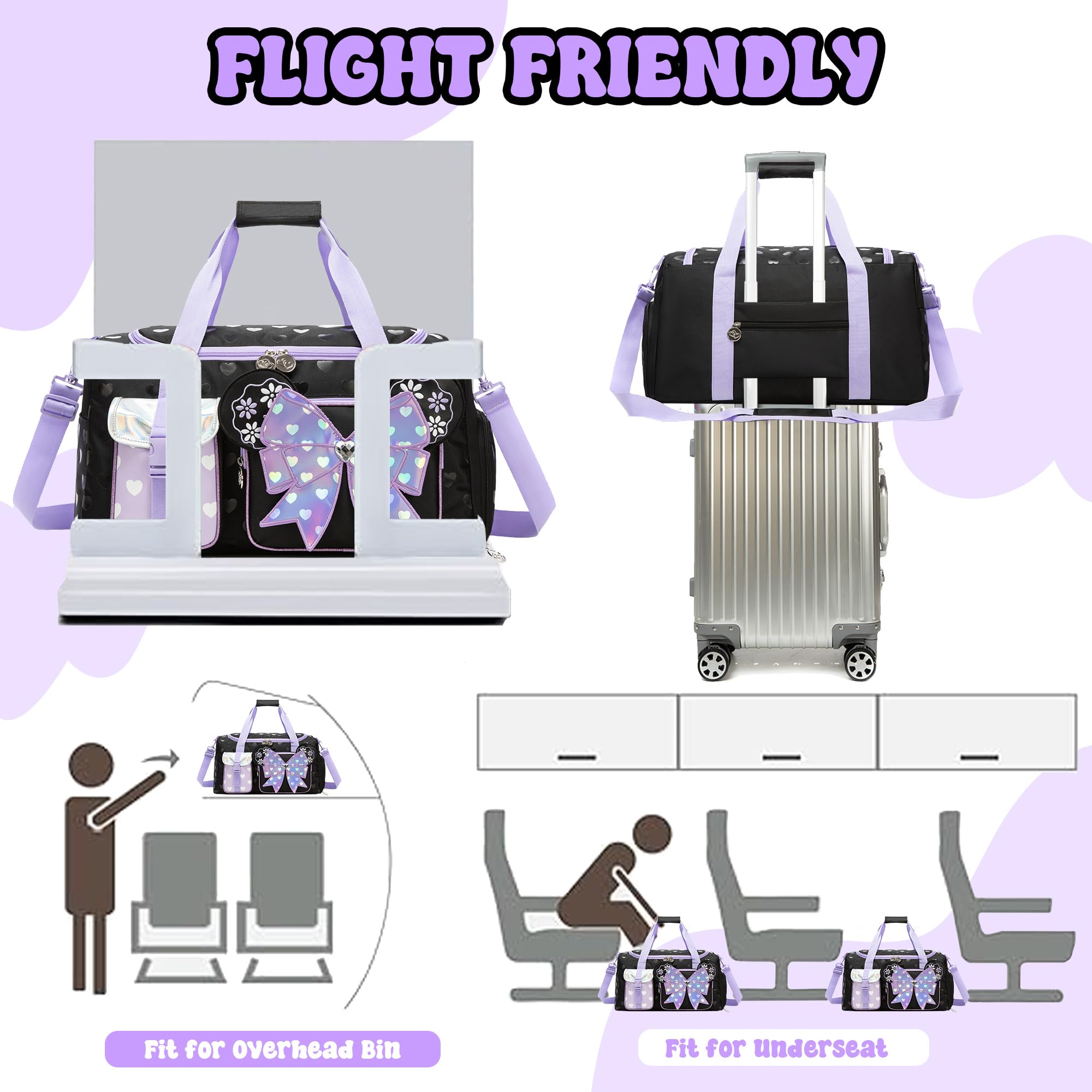 Sac de Danse & Sport Fille (Nœud) – Sac de Voyage Enfant avec Compartiment à Chaussures – Grand Sac Week-End pour Piscine & Soirée Pyjama (Violet)