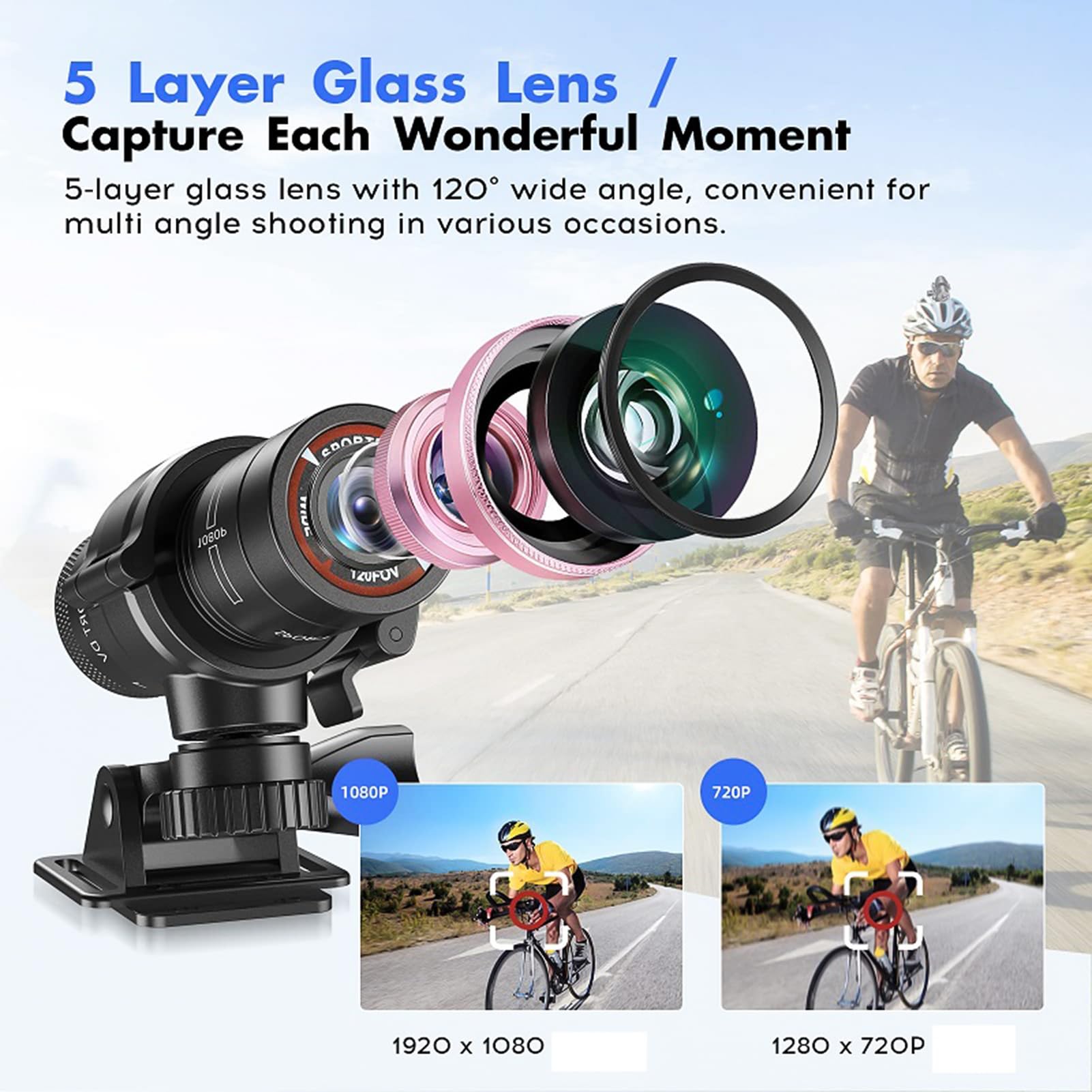 Kamera rowerowa 1080p, kamera sportowa na kask, obiektyw szerokokątny 120°, wodoszczelność IP66, wbudowany akumulator 600 mAh z kartą TF 32 GB, uchwyt na kask, stojak rowerowy do sportów na
