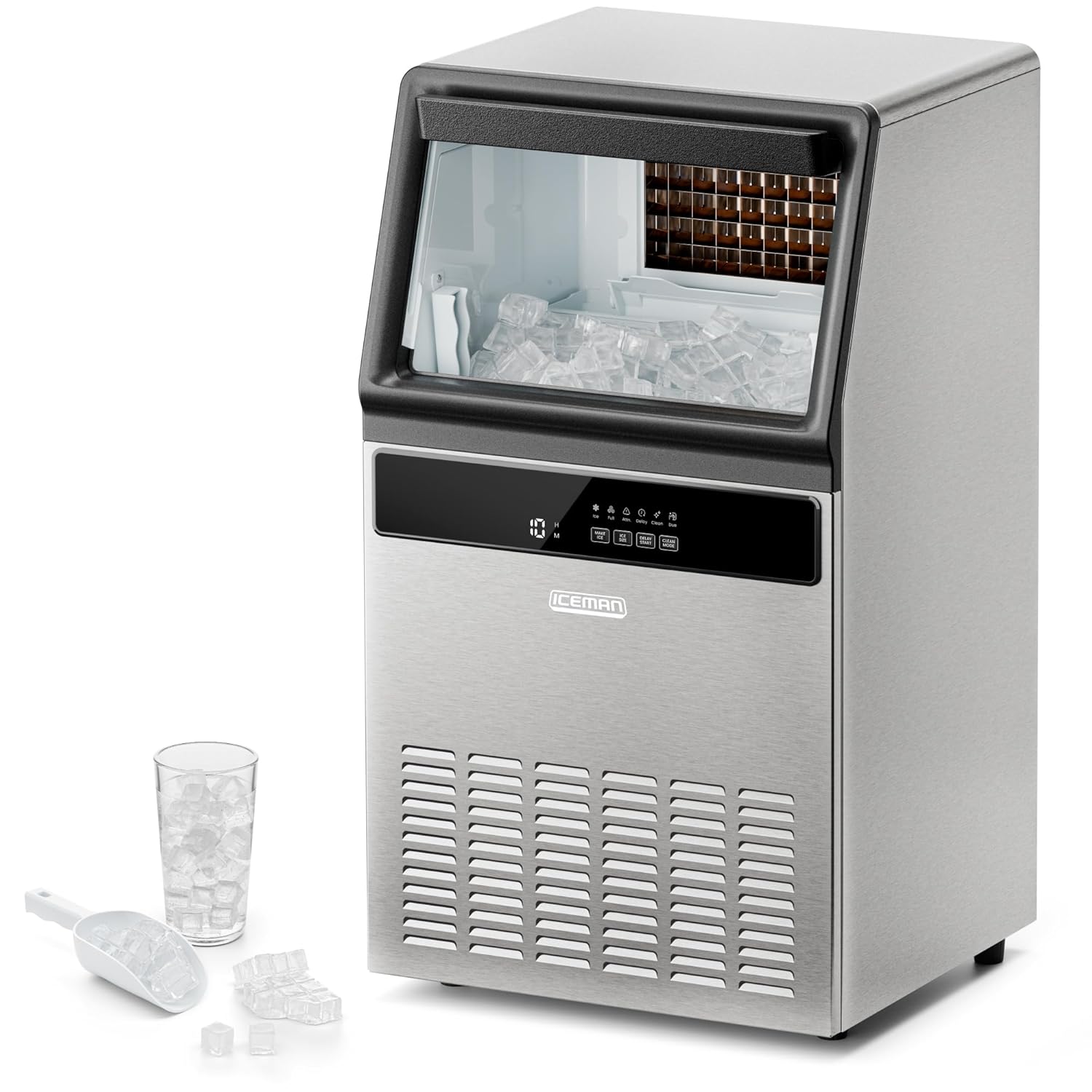 Iceman Commercial Ice Maker Machine, 100lbs/24H Stainless Steel Ice Machine with 30lb Storage Bin, Under Counter Ice Maker for Restaurant, Home, Bar, Office, Ice Scoop & Drain Hose Included