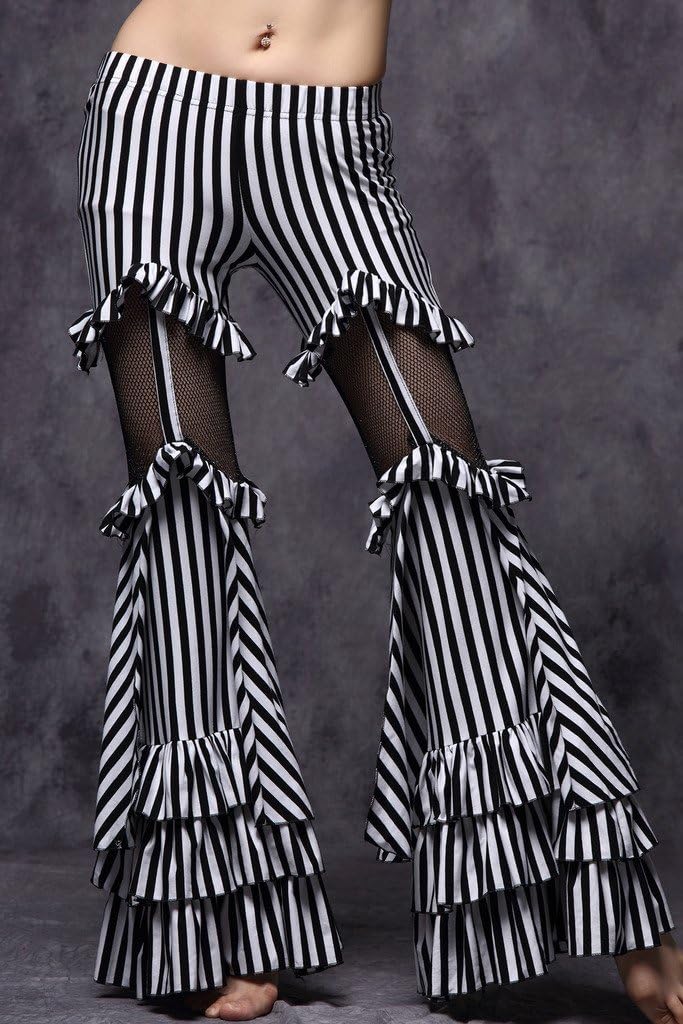 Trible Belly Dance Striped Bell-Bottomed Pirate Pants for Women Rave Outfits Halloween Costume Cotton Black