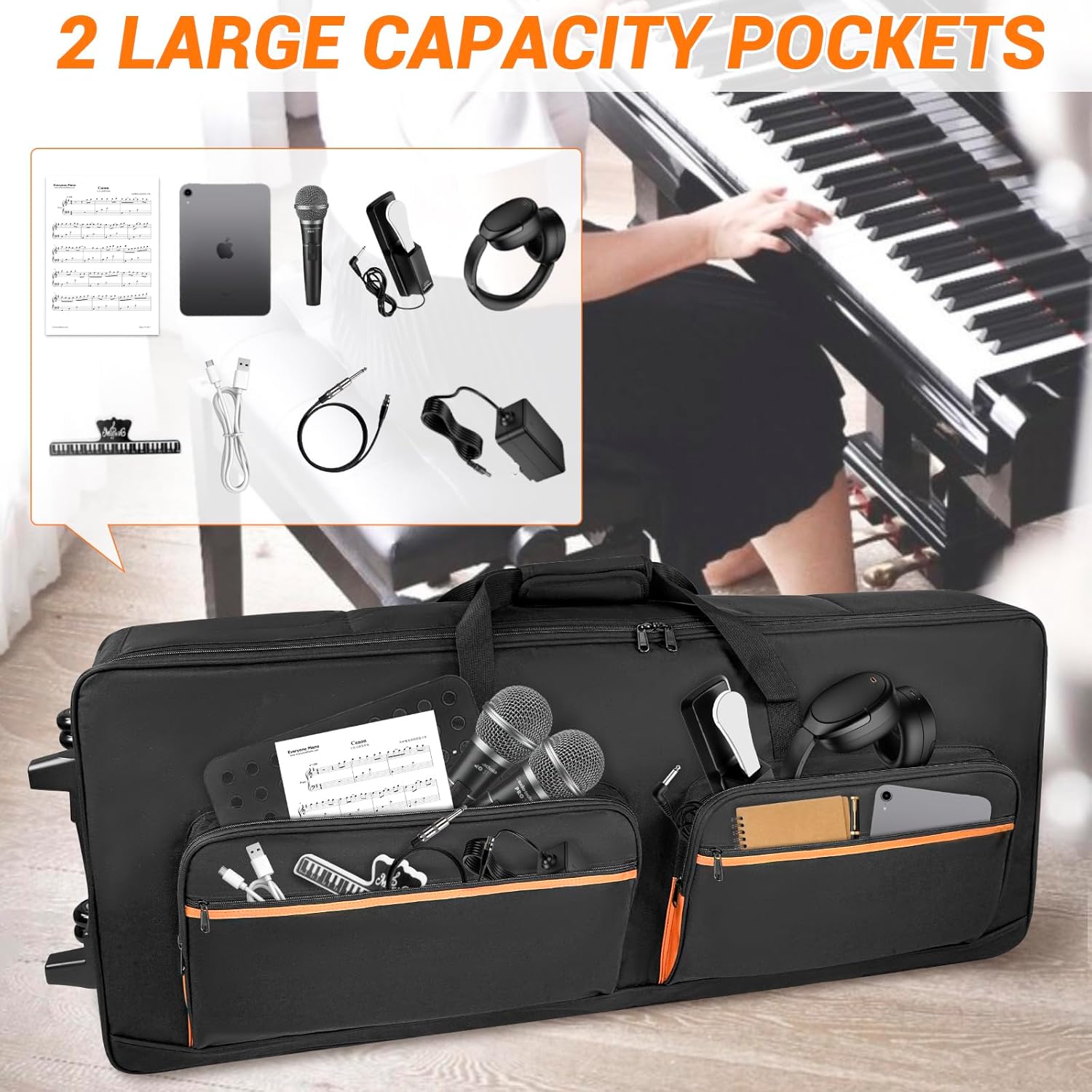 ORKELS 61-Key Keyboard Case with Wheels & Adjustable Shoulder Straps– Padded Rolling Gig Bag with 4 Accessory Pockets, for Digital Piano, Synthesizer & Keyboard