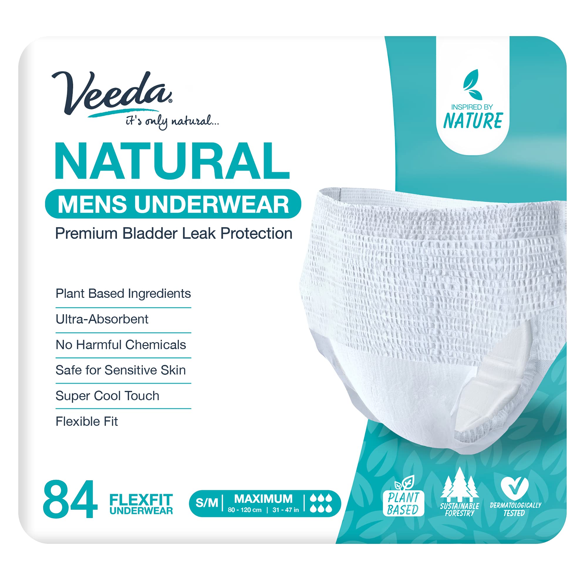 Veeda Natural Incontinence Underwear for Men, Maximum Absorbency for Bladder Leakage Protection, Small/Medium Size, 84 Count
