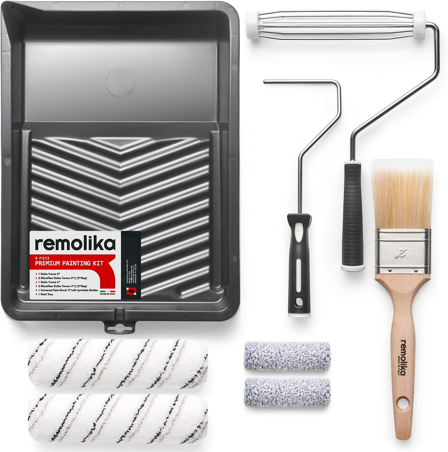 8-Piece Paint Roller Kit – Made in Italy – Premium Paint Brush, Microfiber Roller Covers, Wall Painting Roller Naps, Roller Frames, and Paint Tray, for Professionals or Homeowners