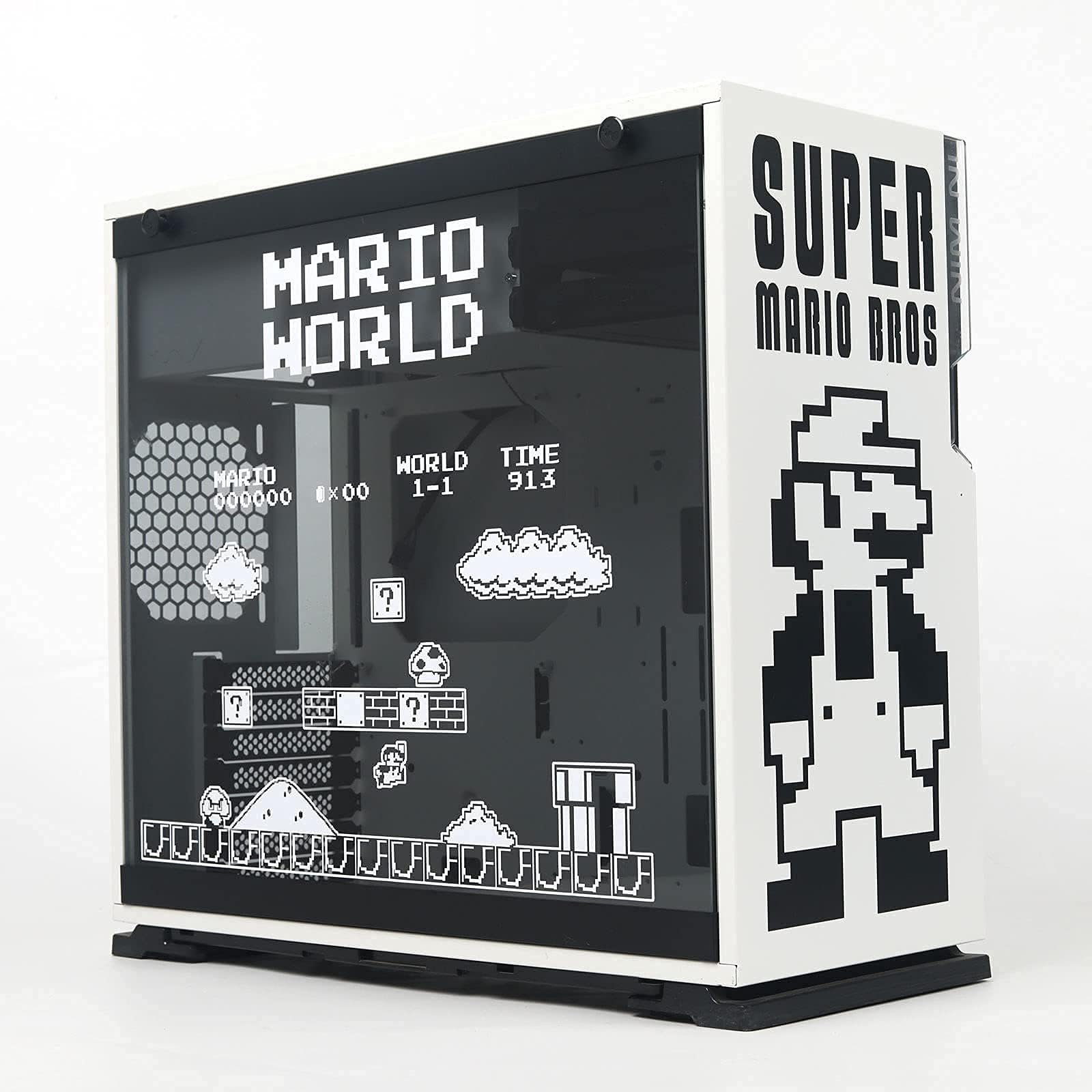 2 Pieces Vinyl Stickers for PC Case, Mario Decorative Decals for ATX Mid Computer,Removale Waterproof Hollowed Out Light Transmission Stickers (Black+White)