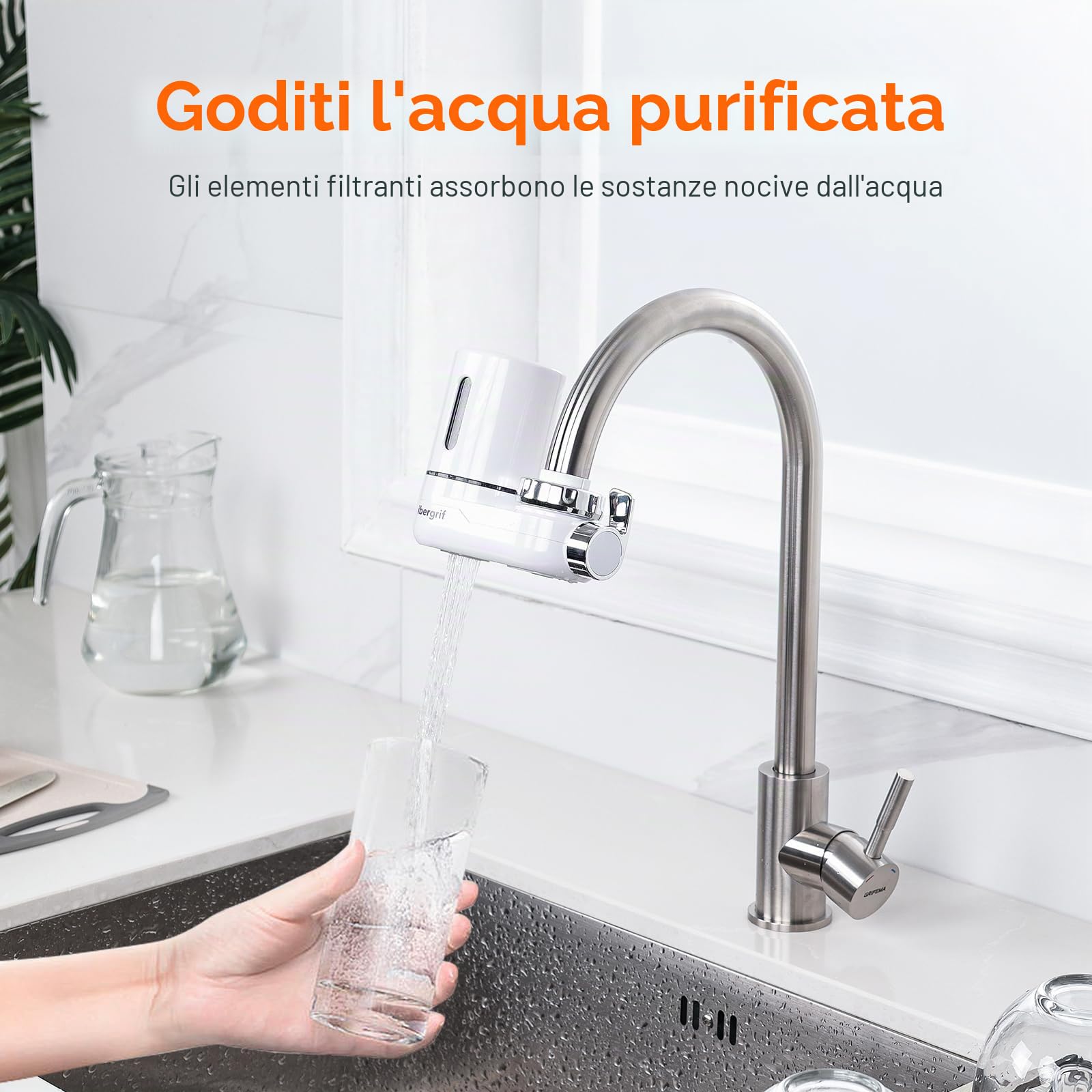 Ibergrif Filtro per l'acqua del rubinetto, Sistema di filtraggio dell'acqua del rubinetto domestico, Filtra efficacemente cloro, sedimenti, metalli pesanti, Adatto per la maggior parte dei rubinetti