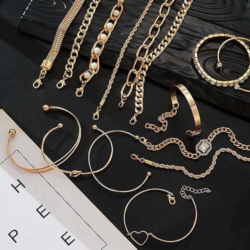 Miniatura 9 de KISS WIFE Juego de 15 pulseras doradas para mujer, pulseras abiertas apilables de múltiples capas, cadena de eslabones cubanos ajustables, delicadas