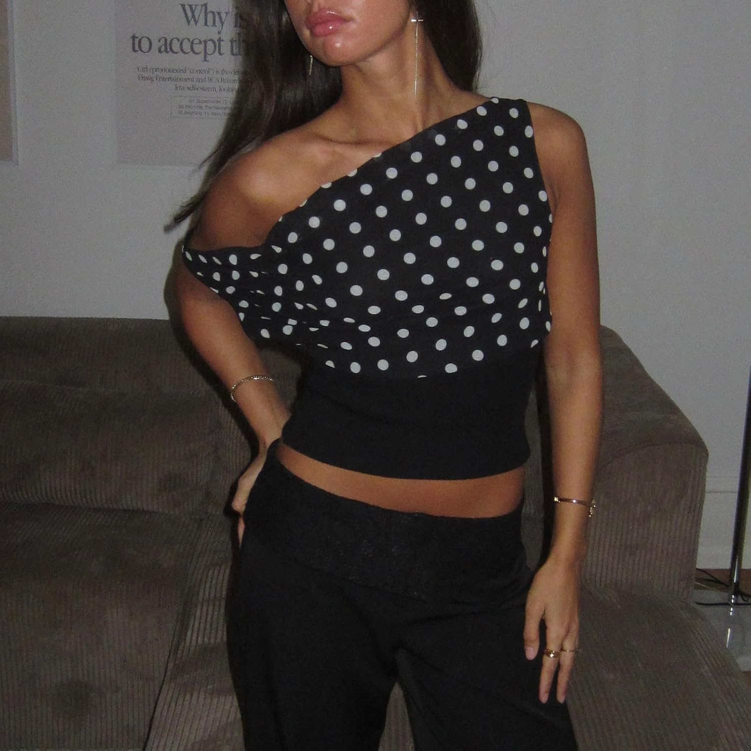 Women Y2k Off Shoulder Tops Sleeveless Tie Back Polka Dot Floral Print Slim Fit Going Out Tank Crop Tops Streetwear - Image 7