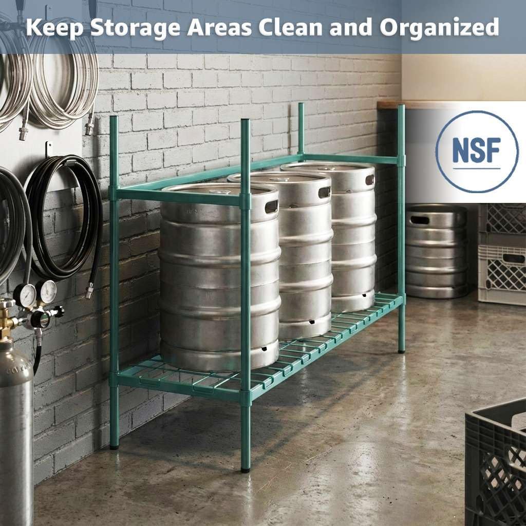 18 x 48 x 64 2-Level Storage Rack, NSF Green Epoxy Double Keg Shelf for Brewery Cold Storage