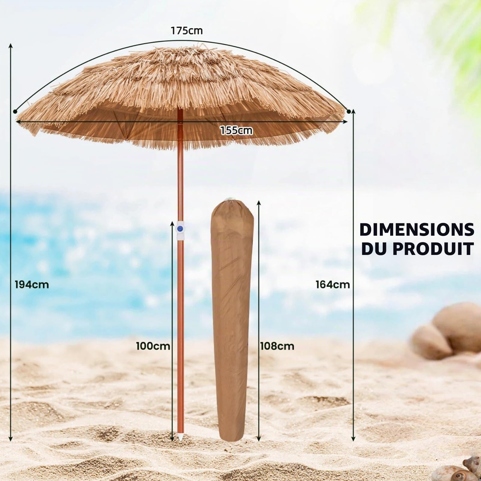 KOMFOTTEU Parasol de Paille simulée pliable, Exotique, 194 cm Haut, φ155 cm