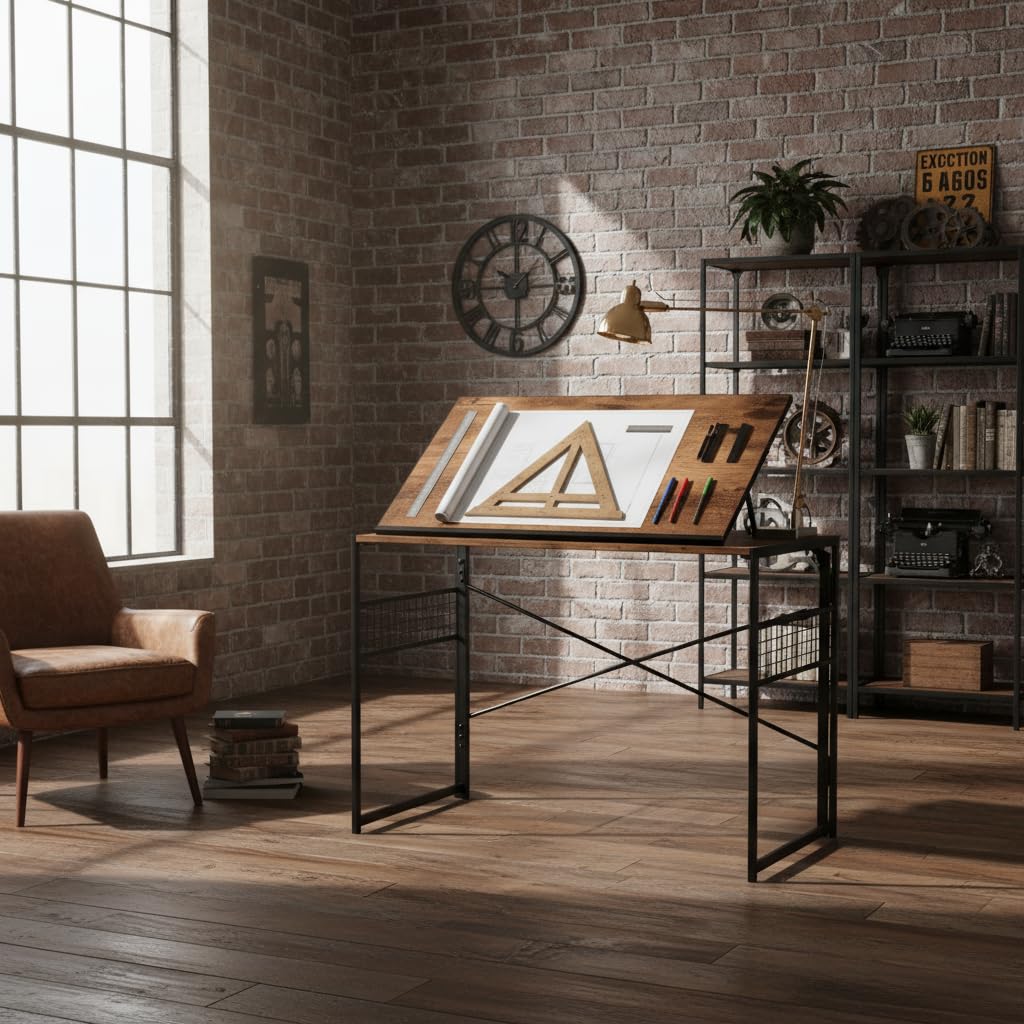 HOMYLIN Tavolo da disegno versatile da 100 cm, con ganci a S, scrivania pieghevole per casa, ufficio e spazi creativi, marrone