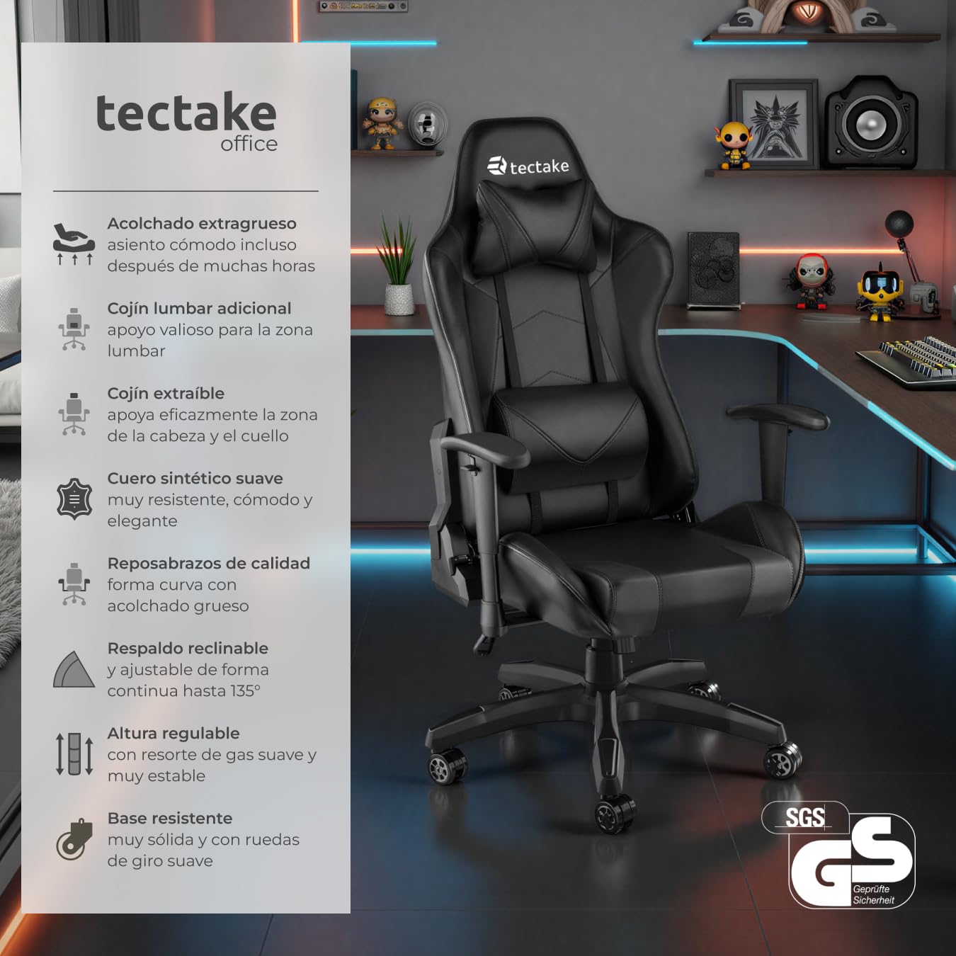 tectake® Silla Escritorio, Silla Ergonómica con Reposabrazos Ajustables, Silla de Estudio Moderna, Silla con Reposacabezas y Cojín Lumbar Extraíbles, Mecanismo Basculante, Rotación 360° - Negro/Negro