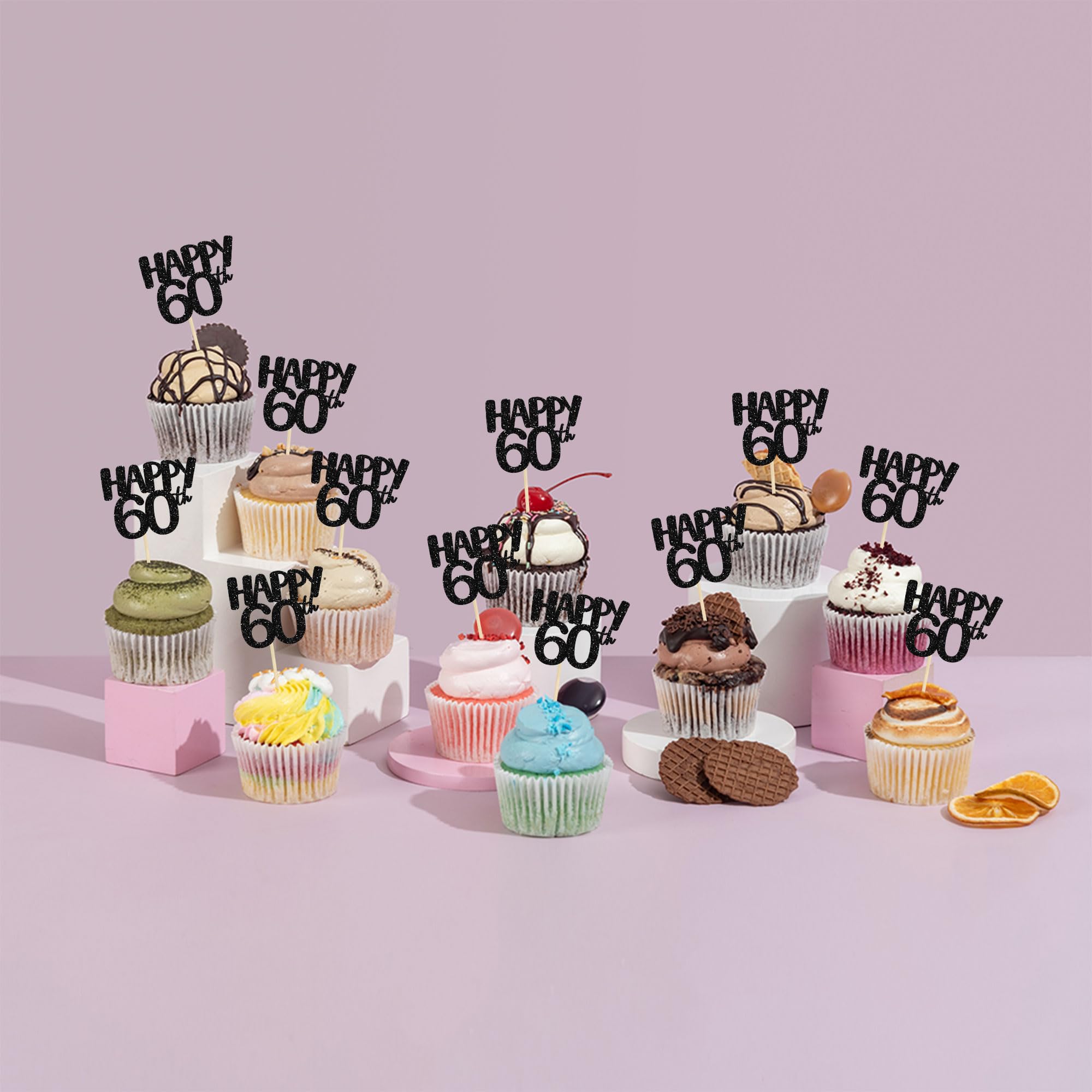 Gyufise Cupcake-Aufsätze 60. Geburtstag – 24 Stück, Glitzernd, Schwarz, 6,5x12,4 Cm