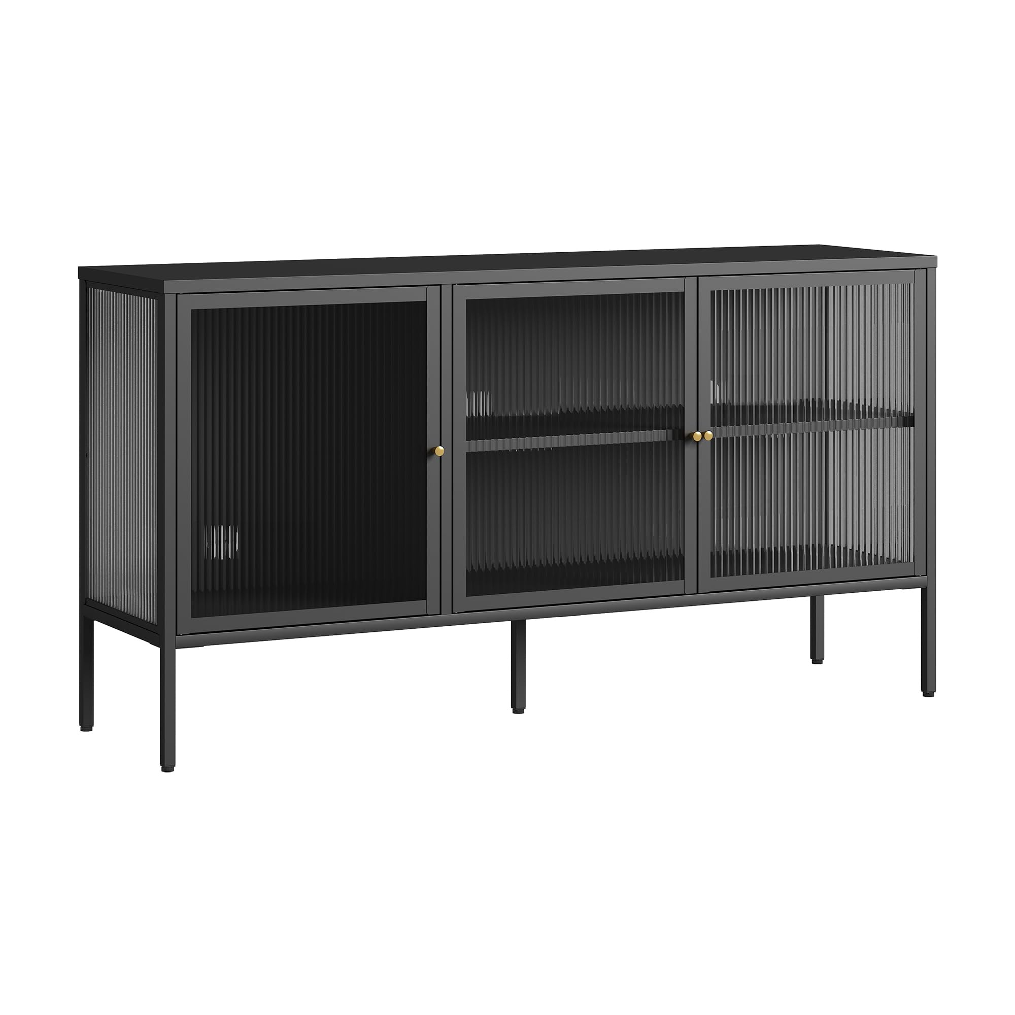 [en.casa] Mobile TV Credenza Industriale in Acciaio Nero con 3 Ante in Vetro Scanalato Madia Moderna per Soggiorno con Ripiani e Passacavi 80x150x40 cm