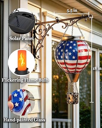 Hot Air Balloon Solar Lantern, American Flag Glass Solar Light Garden Decor | Flickering Flame Effect, Durable Glass, Rustproof, Waterproof, Hanging Light, Gifts for Patio Yard Porch Decor
