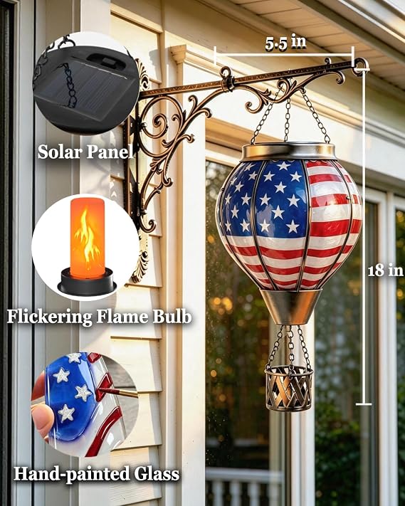 Hot Air Balloon Solar Lantern, American Flag Glass Solar Light Garden Decor | Flickering Flame Effect, Durable Glass, Rustproof, Waterproof, Hanging Light, Gifts for Patio Yard Porch Decor