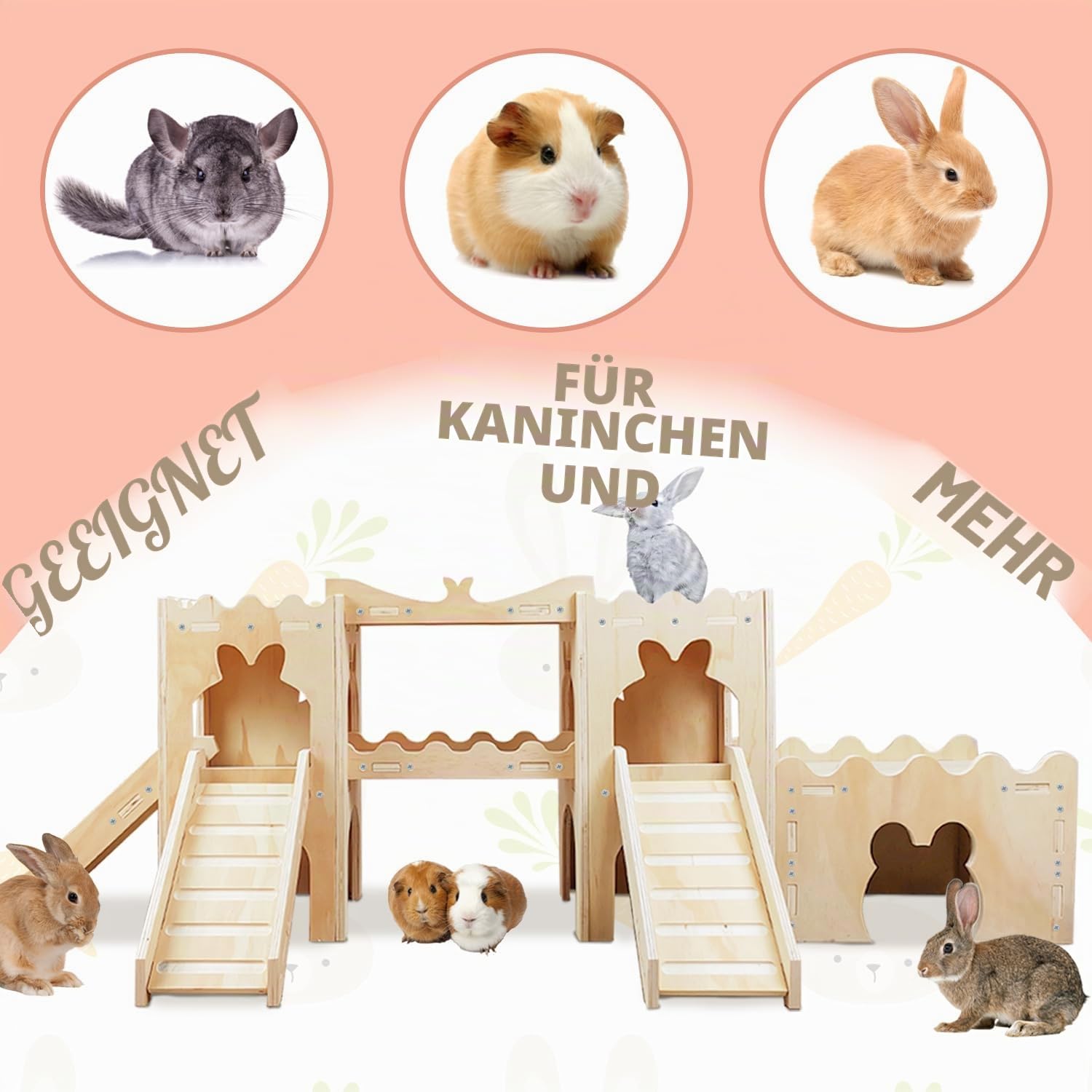 Extra großes hölzernes Kaninchenschloss Versteck Tunnel und Bett Kleintierversteck Hütte solide sichere Konstruktion Spielversteck Hütte für Kaninchen Meerschweinchen Chinchilla