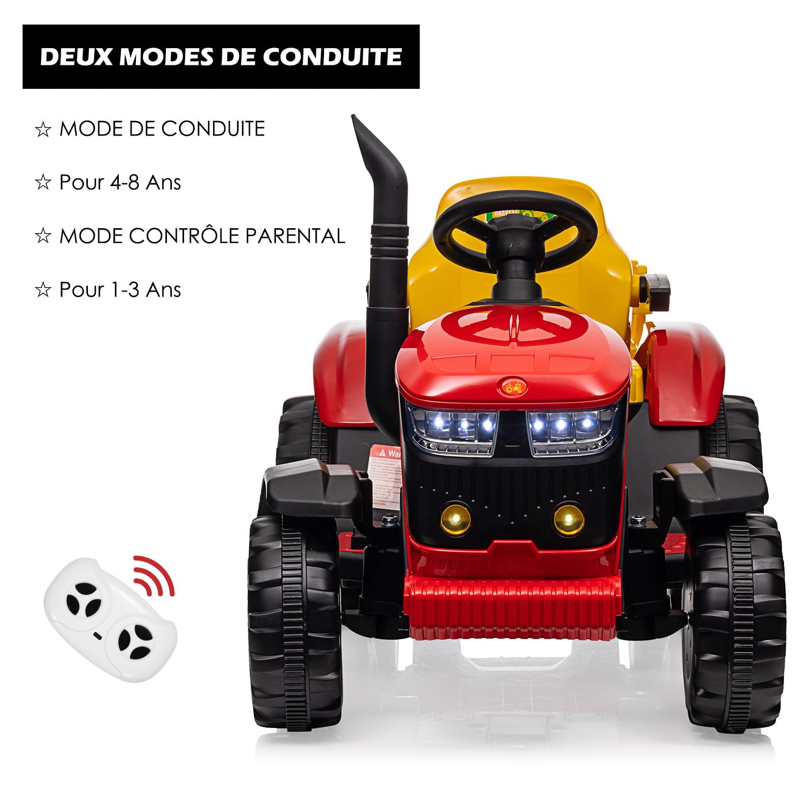 Garvee Elektrischer Traktor mit Anhänger, 12V Kinder Aufsitztraktor mit LED, Musik, Hupe,Doppelter 35W Motor, Kinderfahrzeug mit Fernbedienung 3-6km/h für 3+ Jahre Kinder (Rot)
