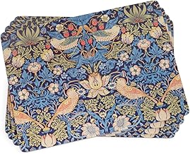 Pimpernel Morris & Co Strawberry Thief Blue Placemats, Set of 4 - Stain Resistant & Heat Safe Fabric-Feel Table Mats with Birds & Botanical Pattern for Stylish Dining & Entertaining