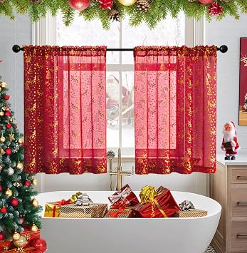 XTMYI Christmas Kitchen Curtains 36 Inch Length for Small Window Over Sink,Red Xmas Holiday Cafe Curtains
