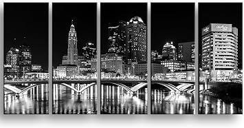 BoxColors Original XLARGE 30"x 70" 5 Panels 30"x14" Ea Art Canvas Print Columbus Ohio Skyline bridge night Downtown Black White Wall Home decor interior framed 1.5" depth