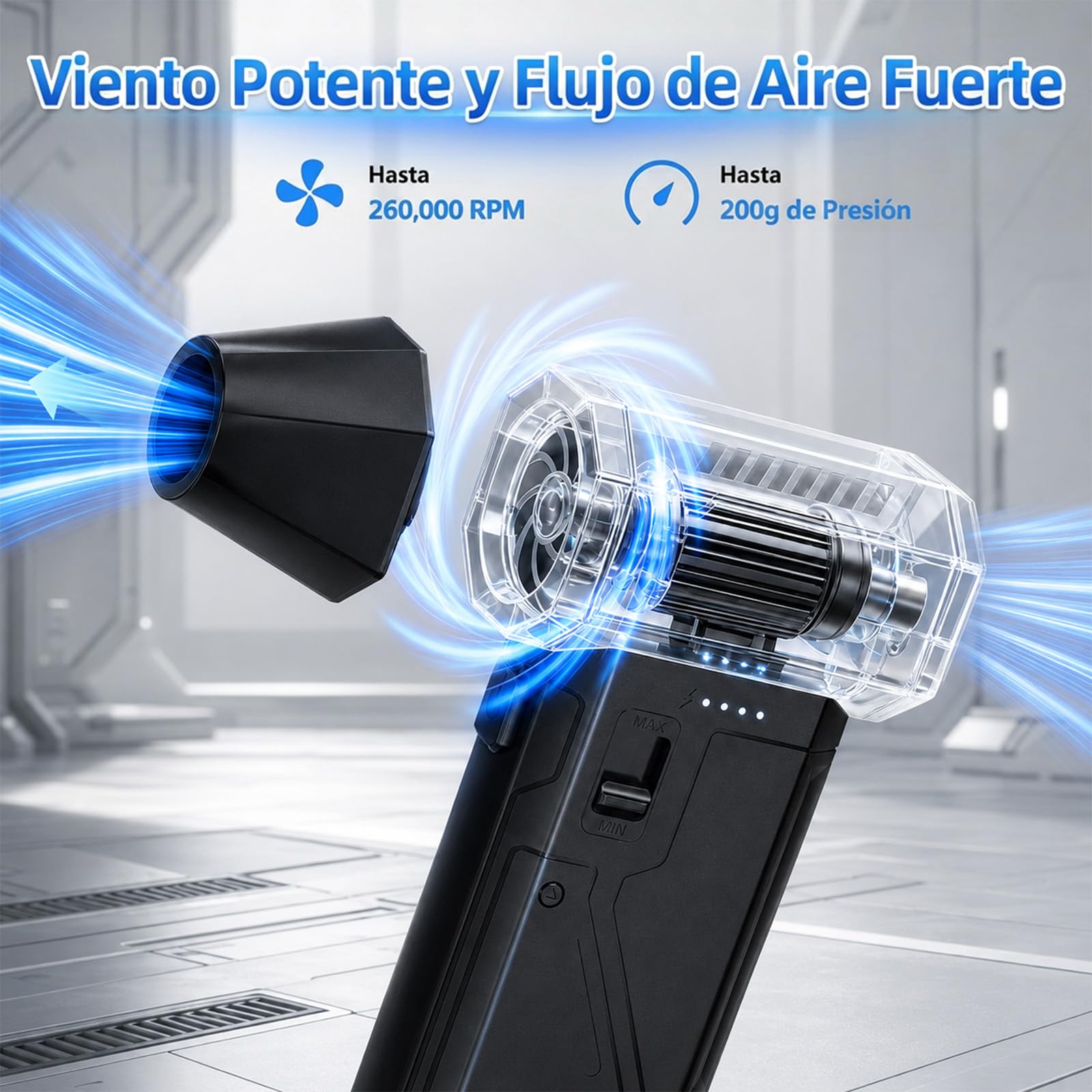 AGPTEK Soplador de Aire Inalámbrico 260000 RPM, Motor sin Escobillas | 3 Velocidades Ajustables, para Limpiar Teclado, PC, Coche y Hogar, 8000 mAh Recargable con LED, Portátil, Potente y Eficiente