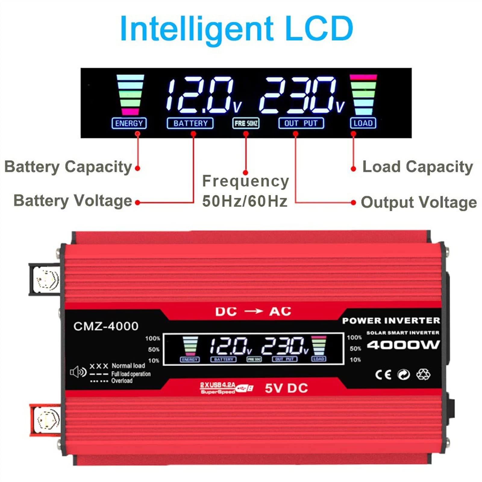 Falownik 4000W zmodyfikowana fala sinusoidalna przetwornica napięcia 12V 220 fala sinusoidalna 12V do 220 do generatora konwerterów domowych z przetwornicą częstotliwości ładowania LCD(4000W Red)