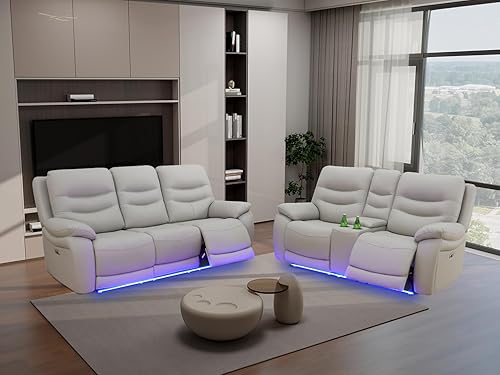 Miniatura 38 de Juego de sofá para sala de estar, sofá de dos plazas con consola de almacenamiento, portavasos, luz LED, puerto USB para apartamento, oficina