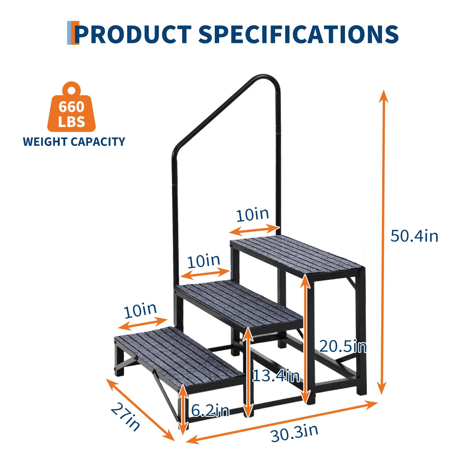 Marchepied supplémentaireérieur Camping-Car– capacité 300 kg, Surface antidérapante, Main Courante – idéal Caravane, Spa, Piscine, Animaux – Noir (3 marches)