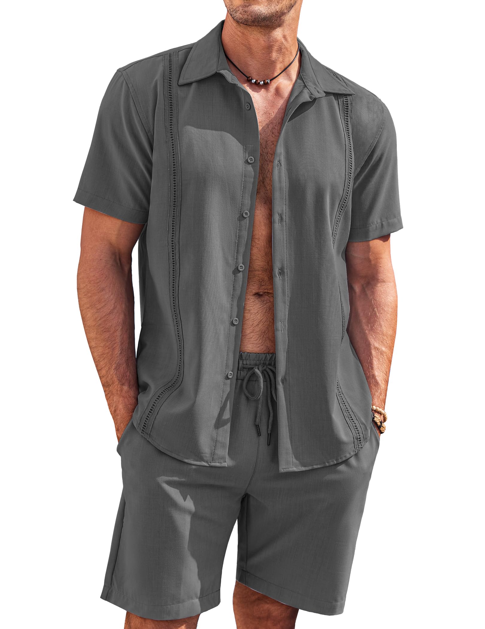COOFANDY Men's 2 Piece Short Set Cuban Guayabera Shirts Short Sleeve Casual Beach Outfits Set