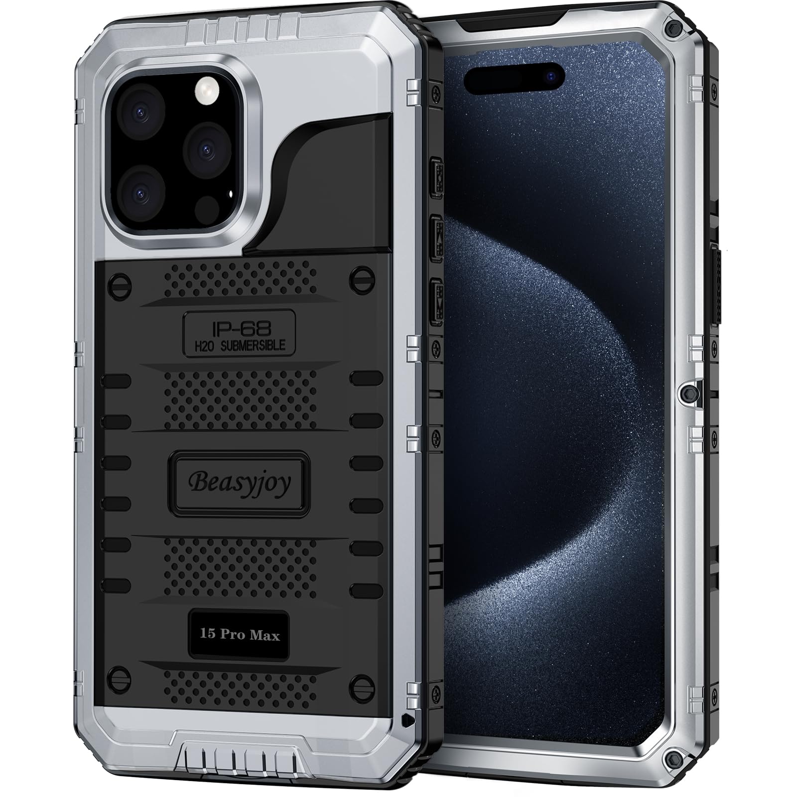 Beasyjoy for iPhone 15 Pro Max Case Waterproof, Metal Heavy Duty Full Body Protective Case with Built-in Screen Protector, Military Grade Shockproof