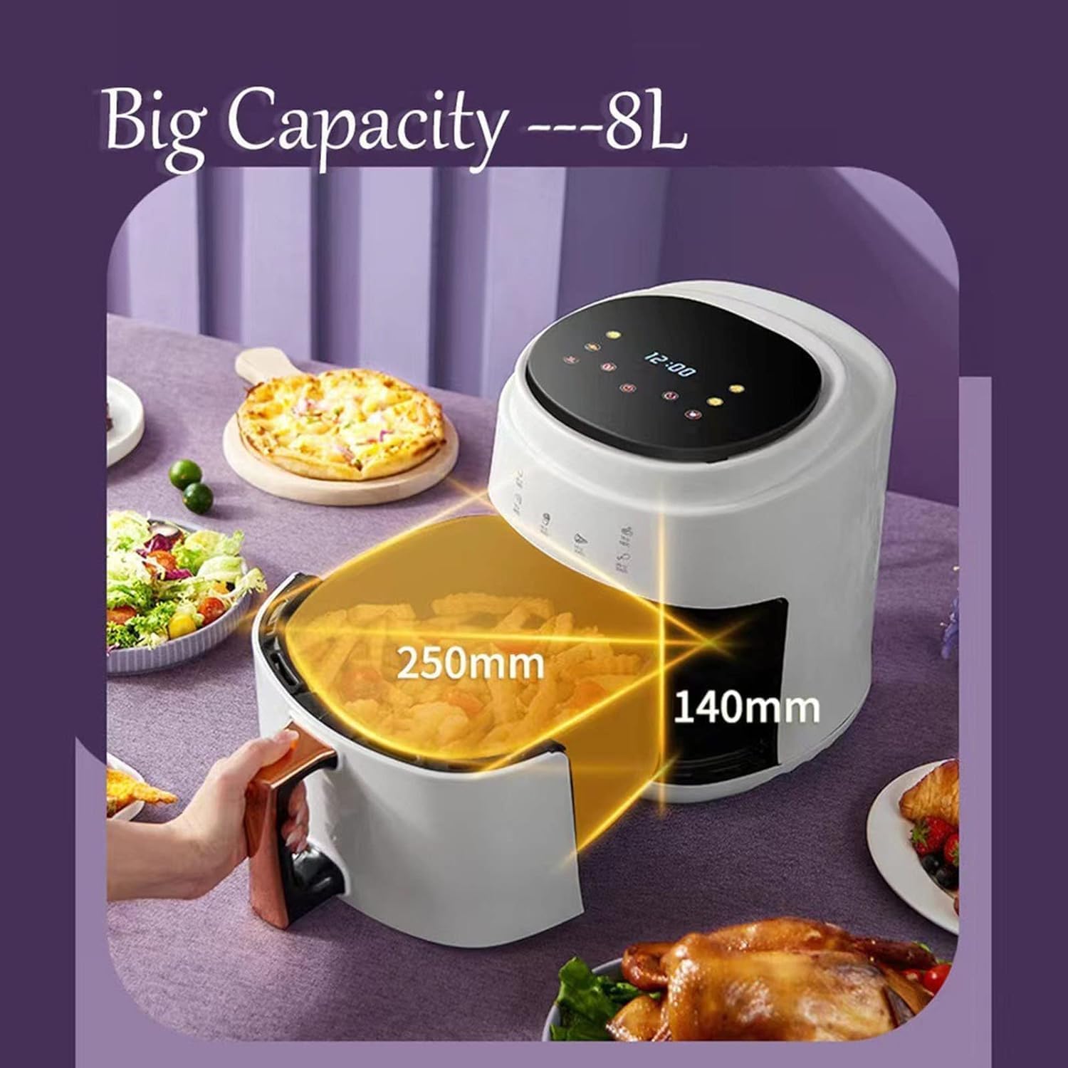White 8L air fryer with basket pulled out, showing its large capacity and dimensions (250mm width, 140mm depth).