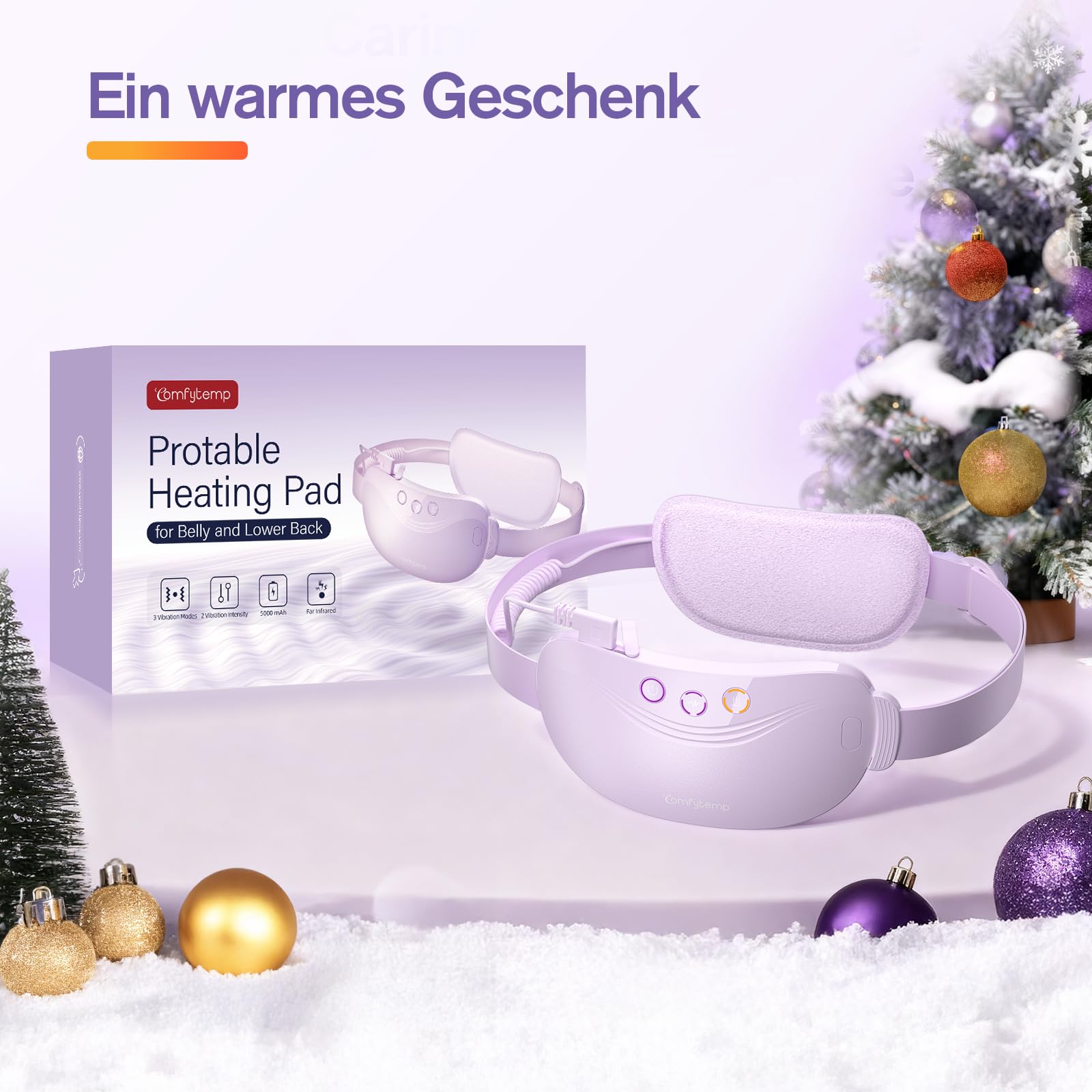 Comfytemp Wärmegürtel Periode Vibrationsmassage für Perioden Bauch und Rücken mit 5000mAh Akku, Kabellos Heizgürtel Menstruations Bauchwärmer Rückenwärmer mit Abschaltautomatik, USB-C Geschenke