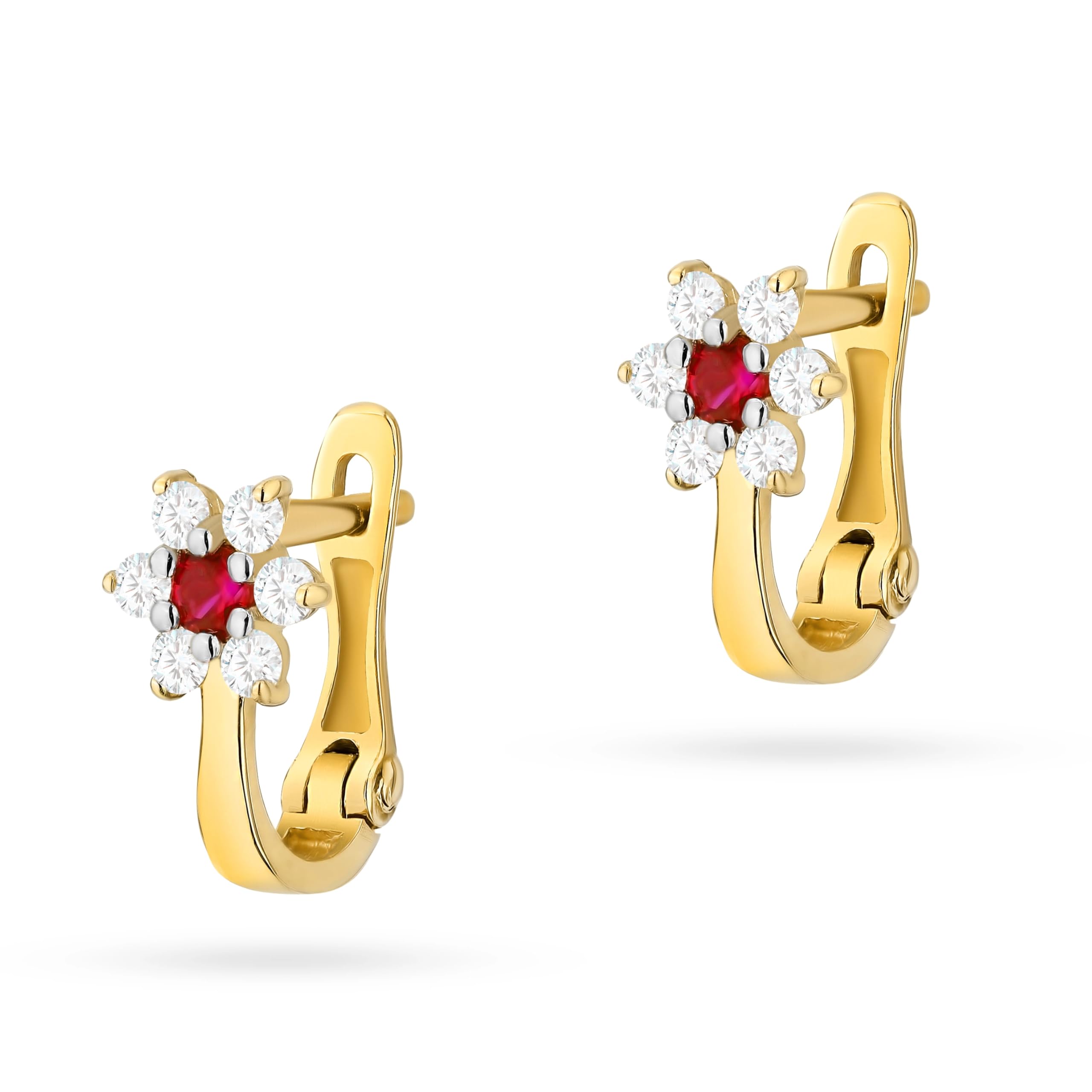 Kinder Ohrringe 333 Gelbgold (8K) Blume mit Rotem Zirkonia – Mädchen Ohrringe mit englischem Verschluss 10 mm, filigraner Schmuck Geschenk zur Kommunion & Taufe