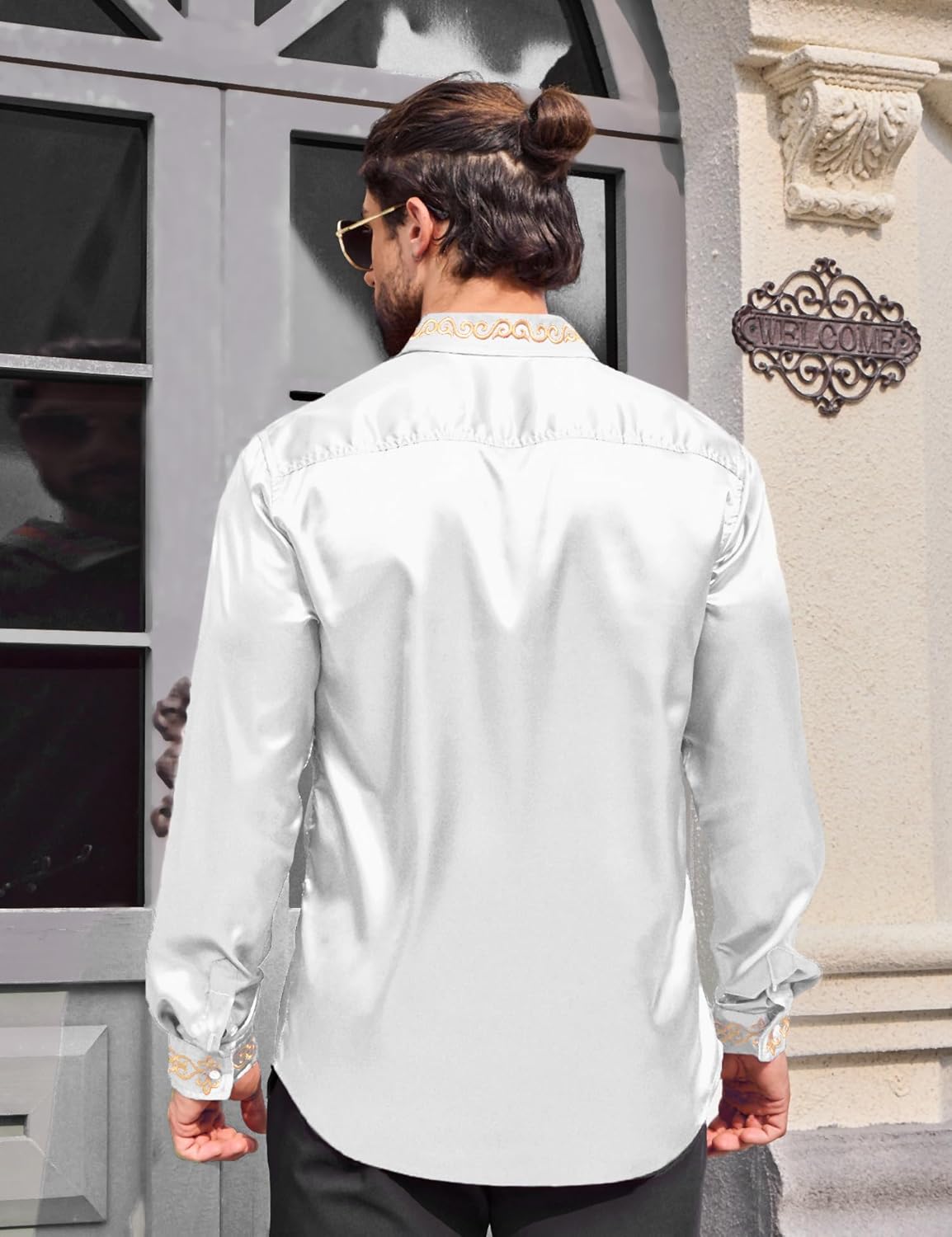 Men's Luxury Satin Dress Shirt Shiny Embroidery Silk Long Sleeve Button Up Shirts Prom Wedding Party Shirt - Image 3