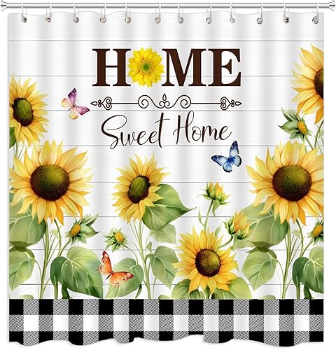 Cortina de ducha rústica de girasol, diseño de mariposa, búfalo, a cuadros, dulce hogar, floral, negro, blanco, a cuadros, vintage, puerta de