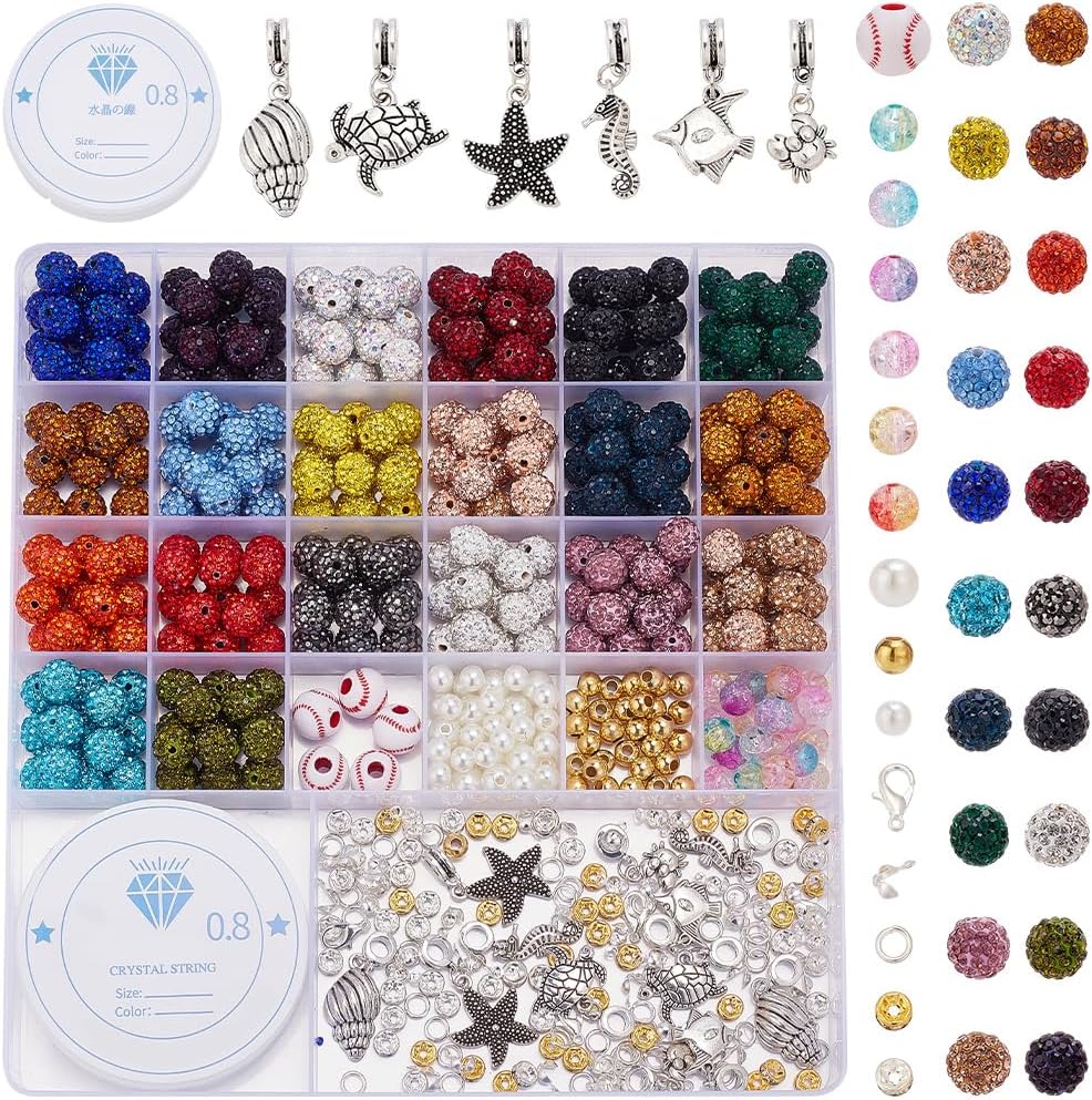 1 Box 572Pcs Rhinestone Beads Set 10mm Disco Ball Beads Round Clay Balls Set with Pearls Crackle Spacers Baseballs Charms Hardware for DIY Necklaces Friendship Bracelets Crafts Jewelry Making