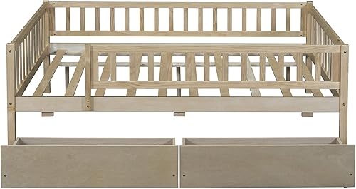 Miniatura 5 de Harper & Bright Designs Sofá cama de tamaño matrimonial con dos cajones, base de cama de madera para niños con almacenamiento y rieles, no necesita