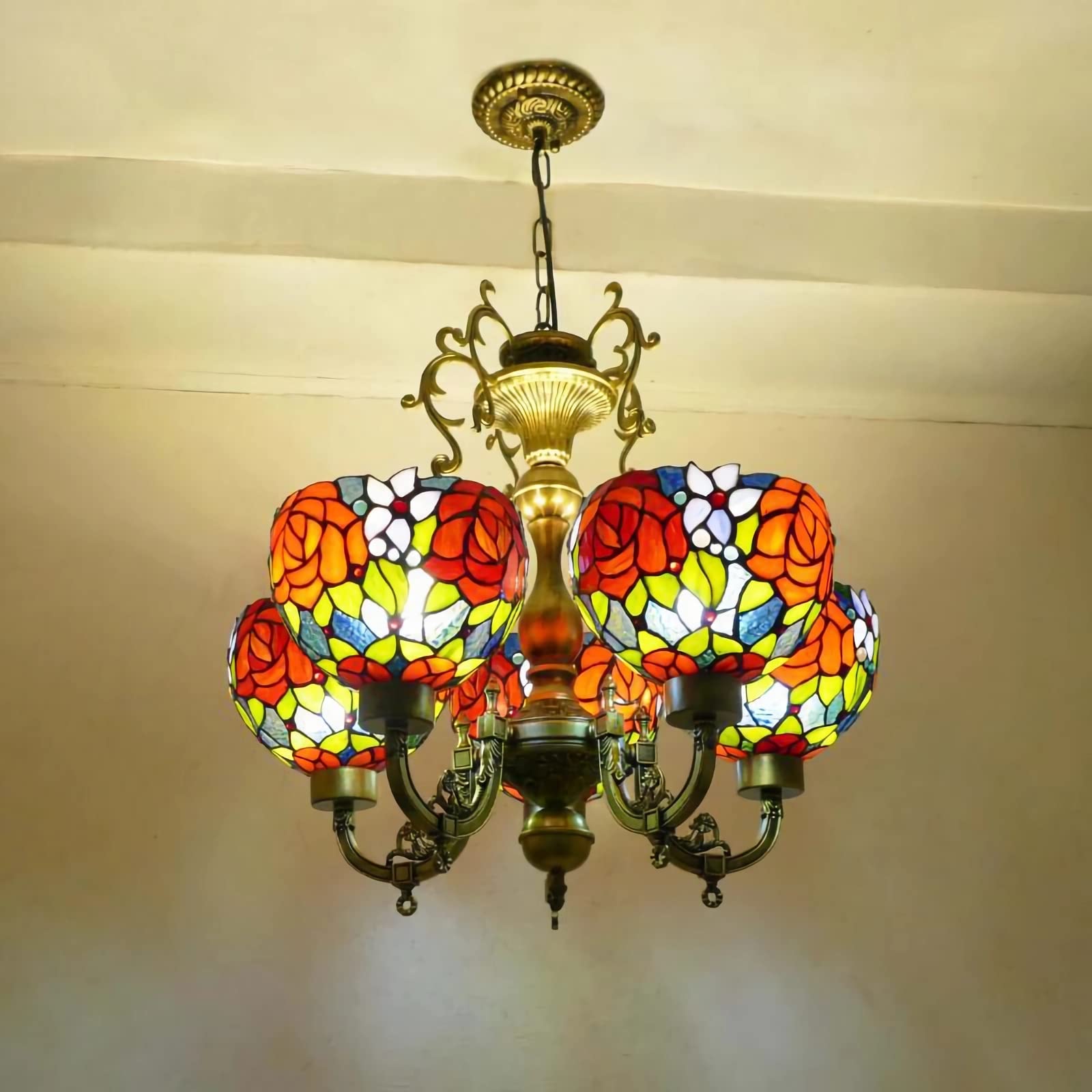 Plafonnier 5 lumières style Tiffany vitrail luminaire victorien salon salle à manger