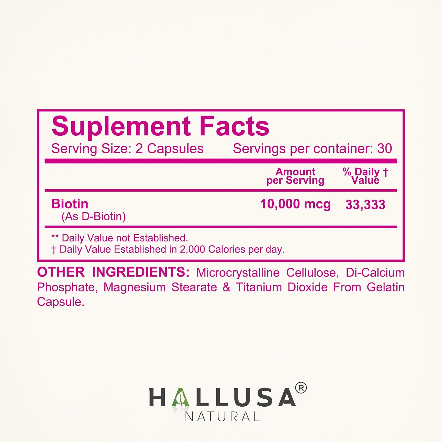 Hallusa Natural Biotin 10,000mcg, 60 Capsules, Healthy Hair, Skin & Nails - Pastillas para la caída del Cabello - Crecimiento del Cabello – Crecimiento de la Barba - Alopecia y calvicie