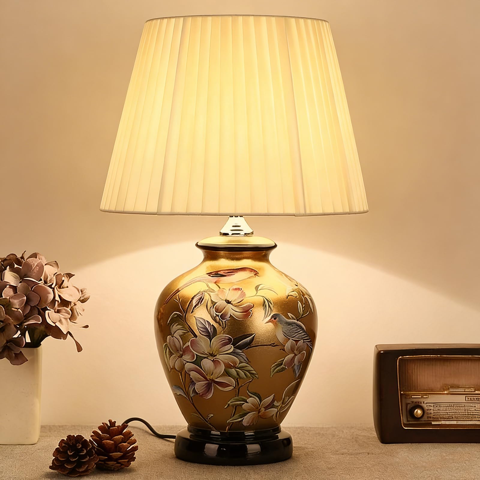 YUDIZWS Ceramic Vintage Table Lamp, Traditional Oriental Bedside Lamp with Fabric Lampshade, E27 Warm Light Nightstand Lamp for Bedroom Living Room Home Decor,C