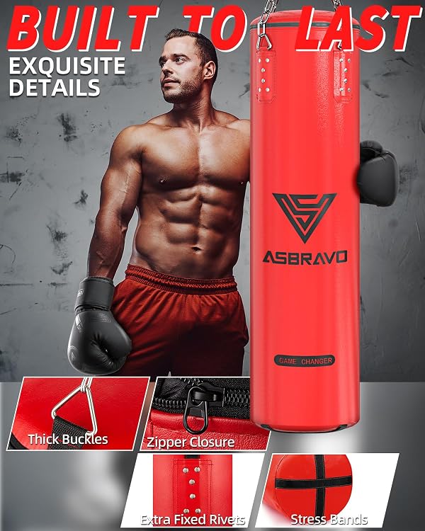 ASBRAVO Punching Bag for Adults, 4ft PU Heavy Boxing Bag Set 12OZ Gloves for MMA Muay Thai Kickboxing Training Home Gym, Martial Art (Unfilled)-Red by ASBRAVO - Image 2