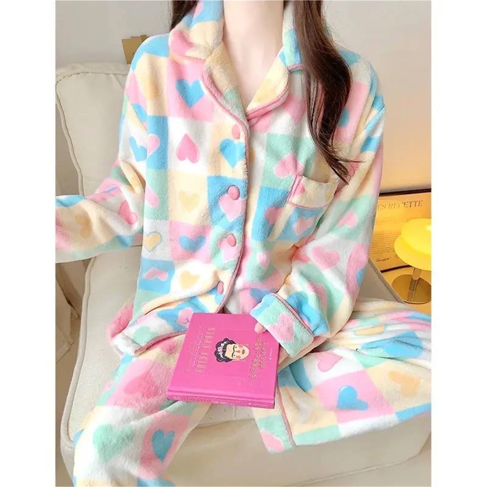 Women's Sweet Pajamas Set – Love & Striped Print, Long Sleeve Sleepwear Suit, Button Top and Pants with Pockets, Soft(XL 58-65kg)